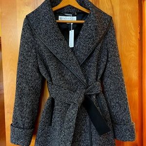 New/Tags Trina Turk Black/White Herringbone Belted Wool Blend Car Coat   Size 12